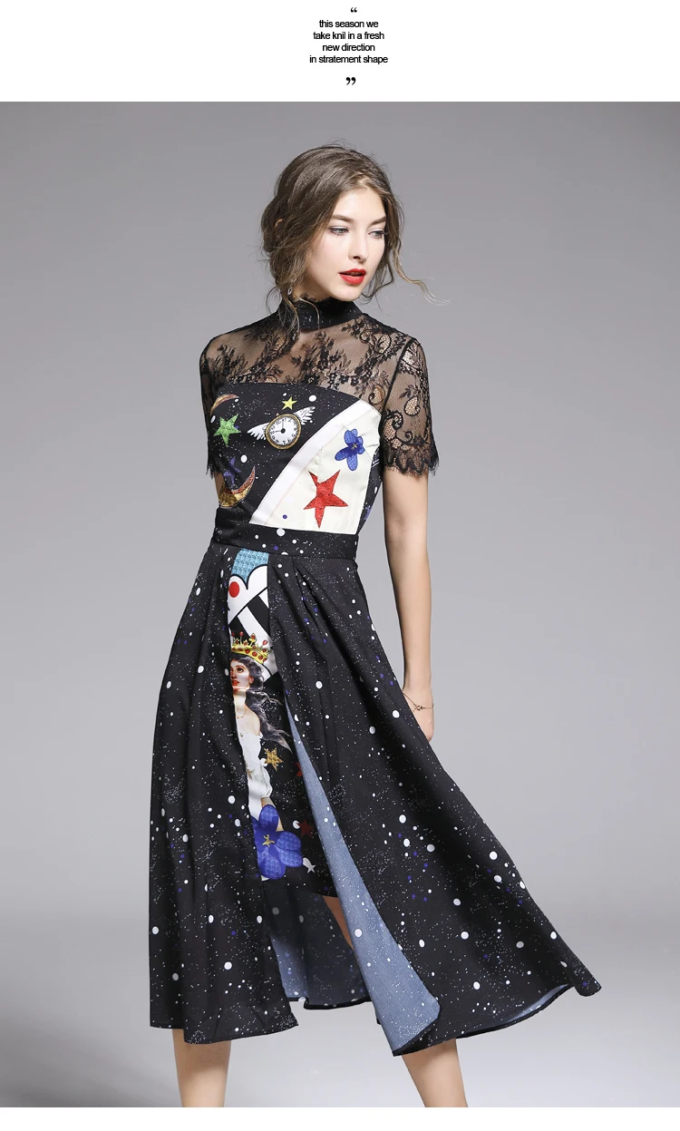 Модное Элегантное тонкое цельное женское платье с рисунком звезды и Луны из мультфильма, летнее кружевное длинное платье в стиле ретро с коротким рукавом в стиле пэчворк