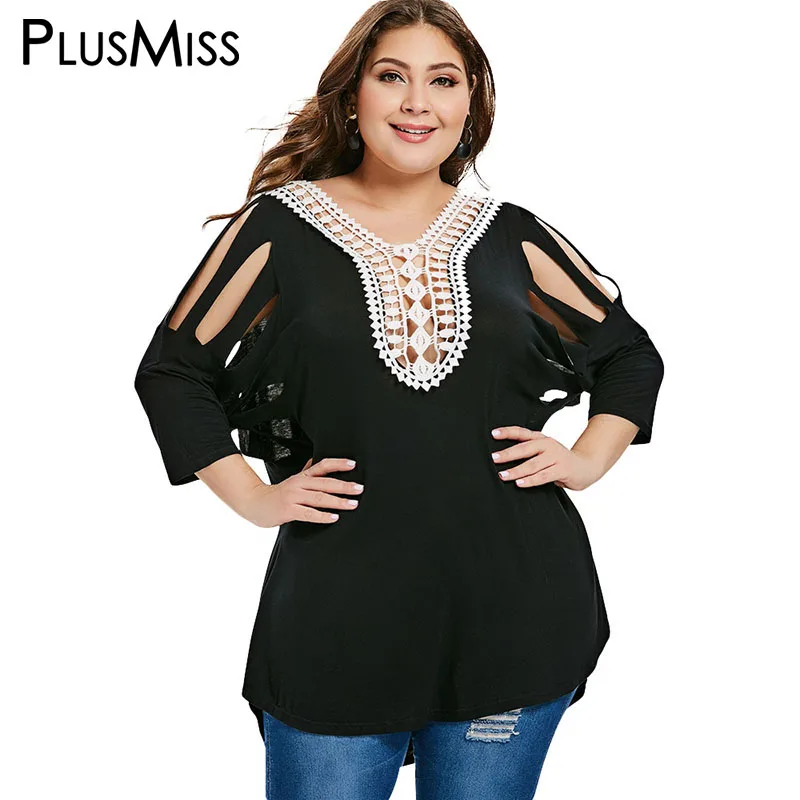 

PlusMiss Plus Size XXXXXL Loose Sexy Ladder Ethnic Boho Blouse XXXXL XXXL XXL Women Black Cut Out Lace Crochet Tops Big Size