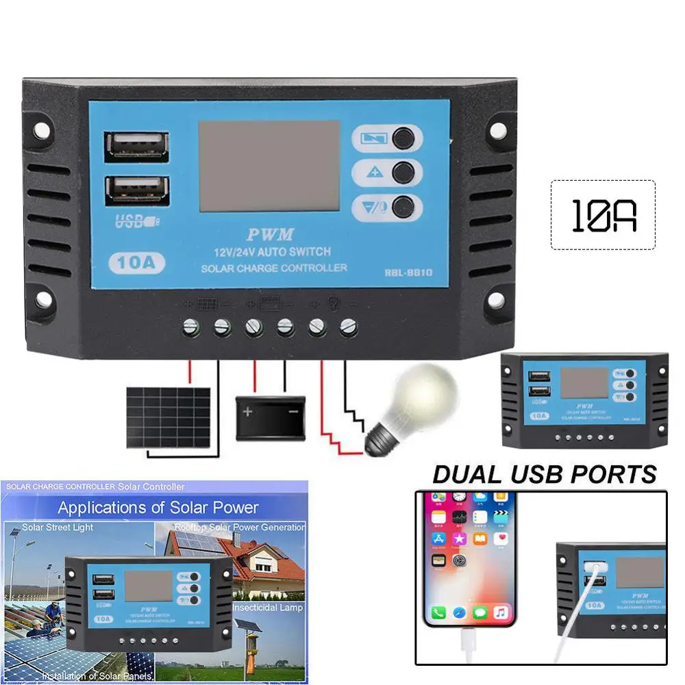 

Distinctive 10A 12V 24V Auto work Solar Charge Controller PWM with LCD Dual USB 5V Output Solar Cell Panel Charger Regulator