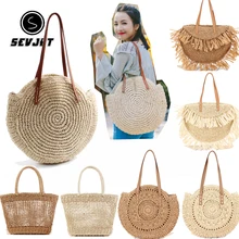 Летняя Соломенная пляжная сумка ручной работы, круглые женские сумки на плечо, рафия, круг из ротанга, сумки в богемном стиле, повседневные тканые сумки B10