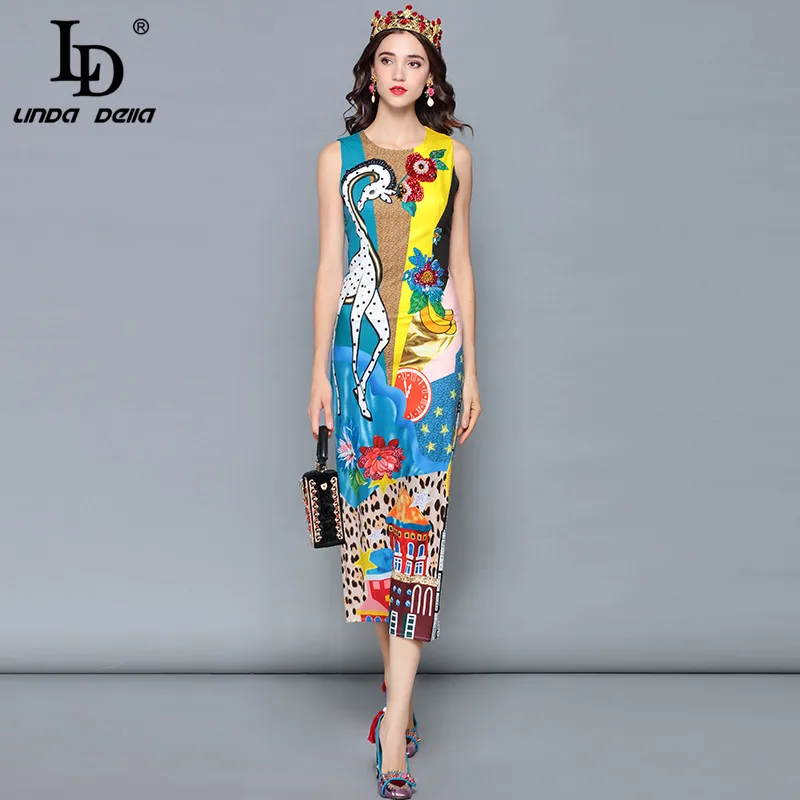 Женское платье-карандаш LD LINDA DELLA, летнее платье без рукавов, повседневное разноцветное платье с принтом и пайетками, платье среднего размера - Цвет: Многоцветный