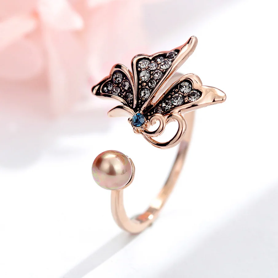 

MOONROCY Silver Color Simulated Pearl Rings Party CZ Butterfly Crystal Open Ring Trendy Jewelry for Women Girls Dropshipping
