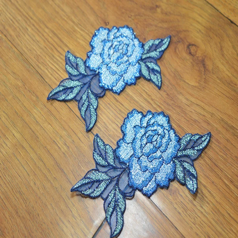 10Pcs Blue Embroidery Flower Sew On Patch Lace Applique Patches For Wedding Bridal Dress Diy Sewing Craft Clothes