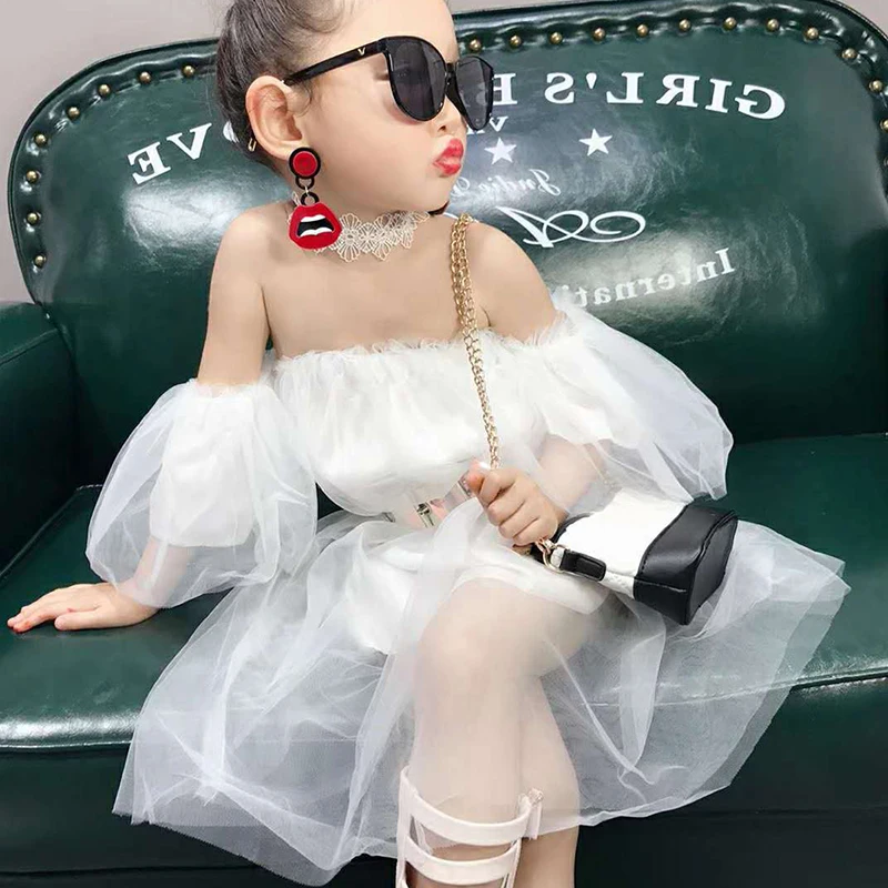 Summer Casual Baby Girls Solid Pattern Off-shoulder Sleeveless Mesh Fairy Dress Cotton Kids Toddler Sundress Super Pretty LT | Детская