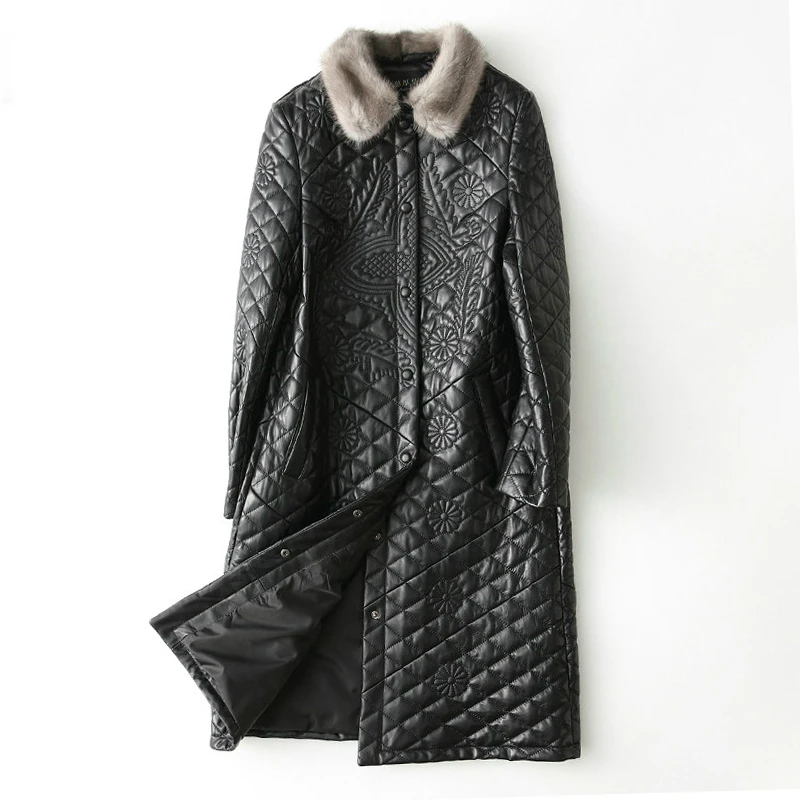 

New Fashion Real Sheepskin Coat Female Long Genuine Leather Jacket Women Winter Warm Cotton Coats Natural Mink Fur Collar Z463