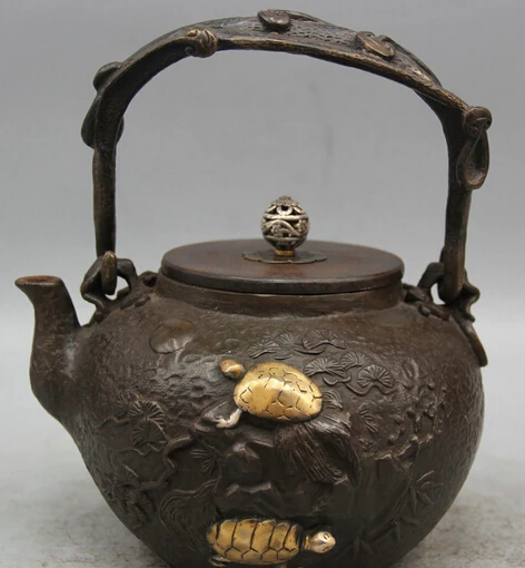 

JP S62 8" Archaic Japanese Iron Gilt Turtle Tortoice Crane Kettle Wine Tea Pot Flagon
