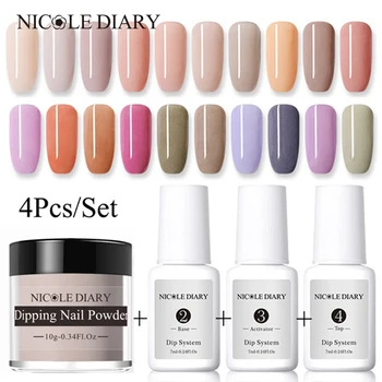 

NICOLE DIARY 4Pcs Dipping System Nail Kit Nail Art Dipping Powder With Dip Base Activator Liquid Gel Natural Dry Without Lamp