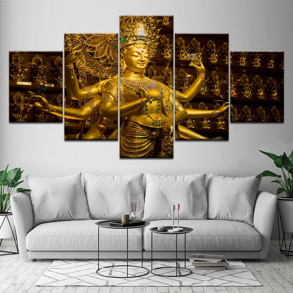 5 Pieces Buddha Statue Buddhism Paintings Frame Decor For Living Room