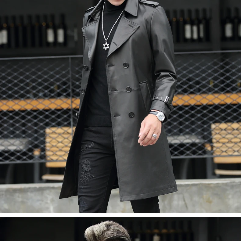 Excellent VHO fashion casual natural real cow leather coats for men x-long double breasted leather dust coat genuine leather jacket 6