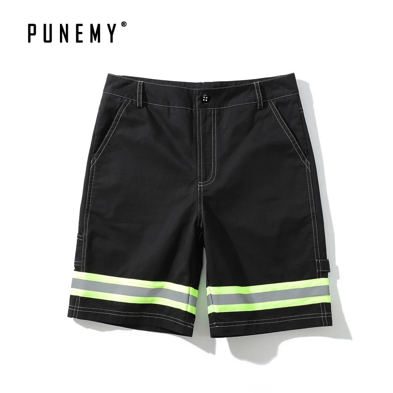 

Reflective Striped Shorts Men Button Patchwork Hip Hop Swag Casual Shorts Skate Beach Track High Street Man's Straight Shorts