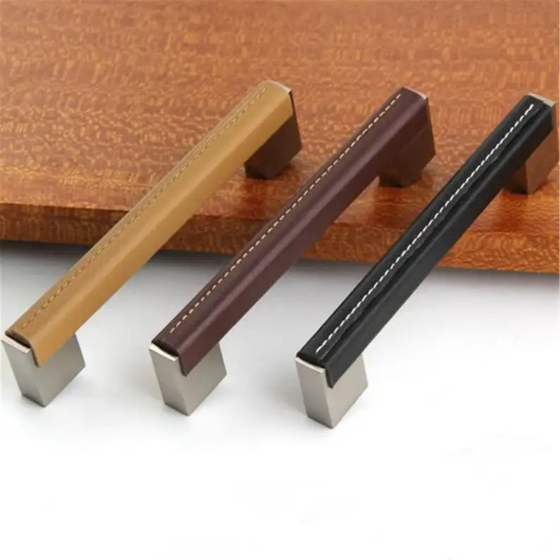 

3.75'' 5'' 6.3'' 7.55'' 10'' Door Handles Drawer Pulls Genuine Leather Dresser Handle Kitchen Cabinet Handles Knobs Hardware