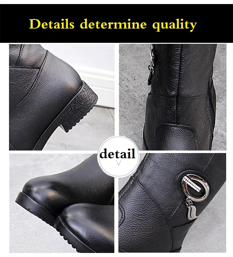 DRKANOL Women Winter Boots Genuine Leather Zipper Square Heel Thick Plush Warm Snow Boots Women Low Heel Mid Calf Boots