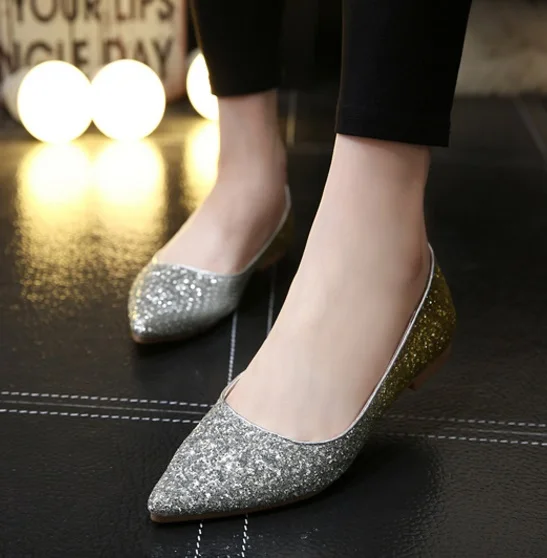 Ladies Sequined Cloth Flats For Wedding Party Pointed Toe Mujer Cover Heel Slip-ons Bling Shoes Plus Size 45 13 34 Gold Silver