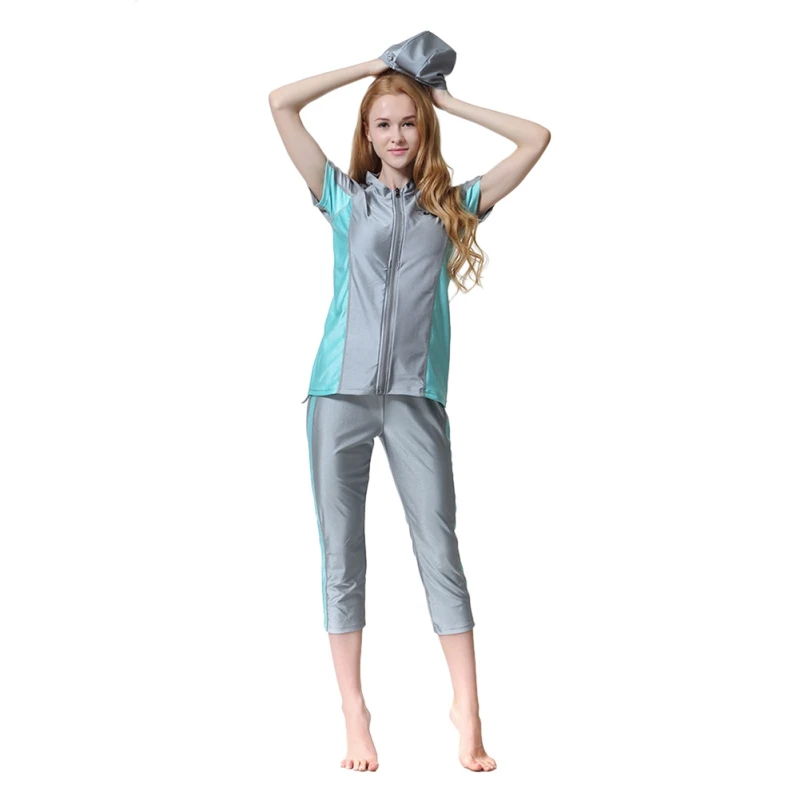 

2018 High Quality Sunscreen Islamic Women Swimsuit Muslim Swimming Patchwork Full Cover Short Sleeve Muslim Swimwear with hat