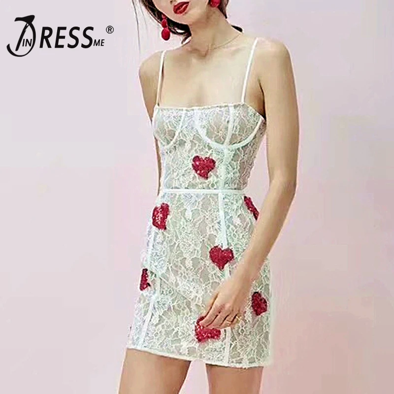 

INDRESSME Fashion Lace Embroidery Sequins Love Lady Dress Spaghetti Strap White Lace Heart Slim Dress 2019 Summer party Vestidos
