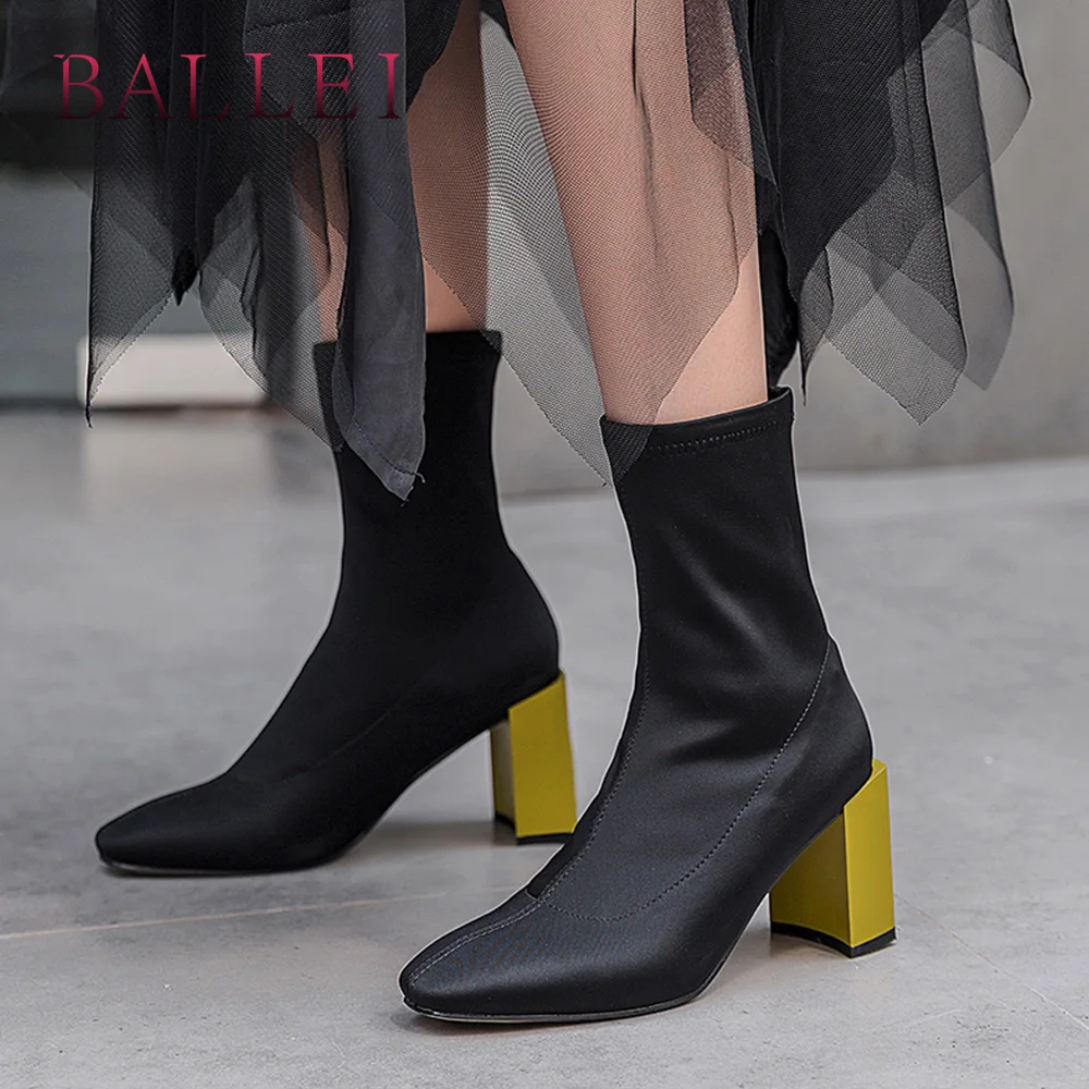 

BALLEI Handmade Woman Winter Ankle Boots High Quality Stretch Fabric Pointed Toe Square Heel Shoes Solid Elegant Lady Boots B122