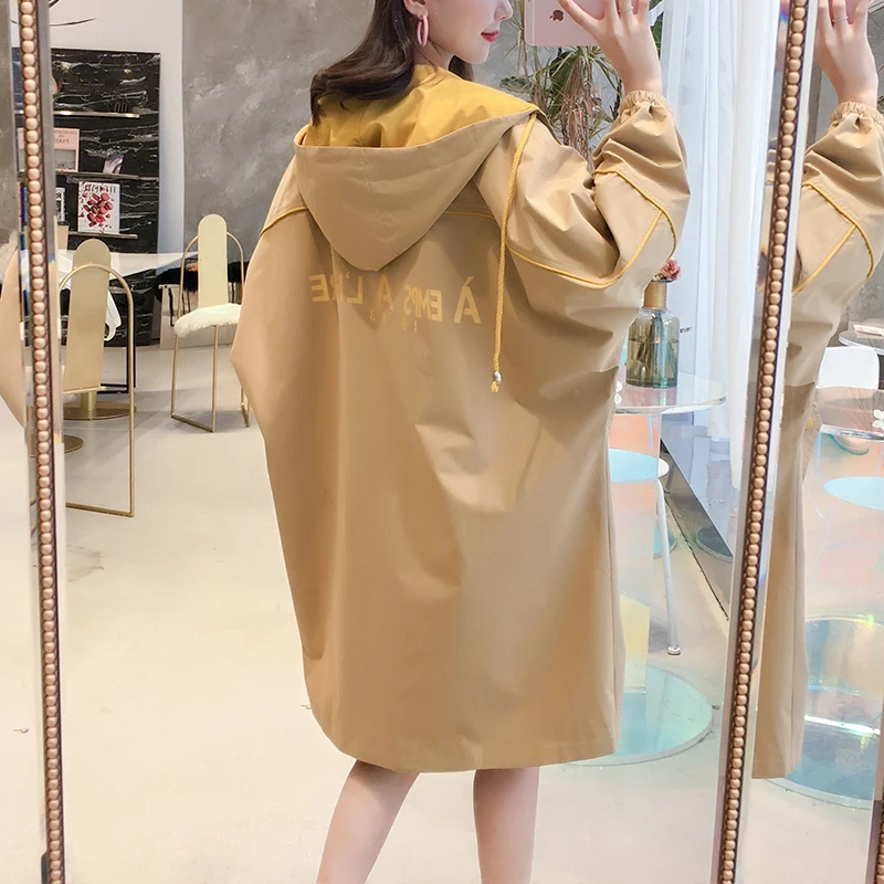 

2019 Autumn New Women Casual Trench Coat Oversize Covered Buttons Vintage Washed Outwear Loose Clothing Backside Letters