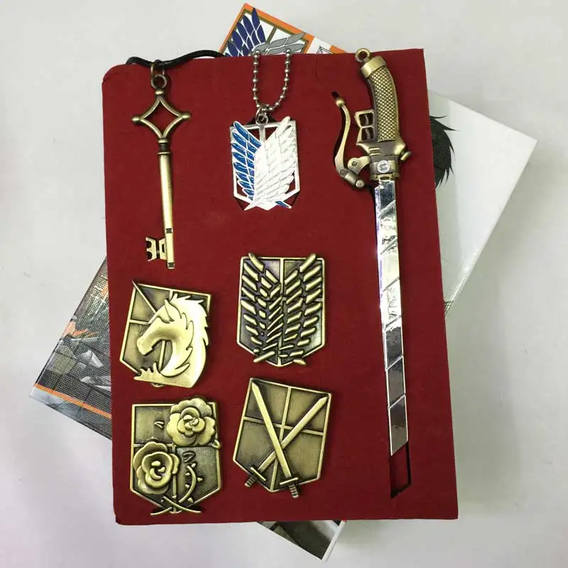 Brand New In Box Attack on Titan Badge Necklace /& Key Chain /& Pin Set Of 6pcs