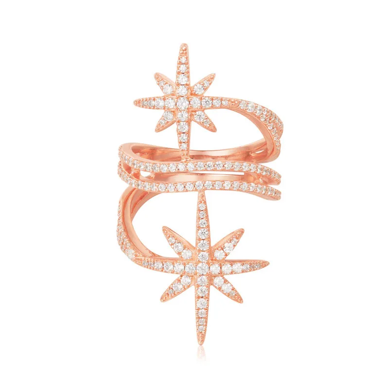 

SLJELY Luxury 925 Sterling Silver Rose Gold Pink Color Meteorites Star Finger Rings Zirconia Stones Women Monaco Brand Jewelry