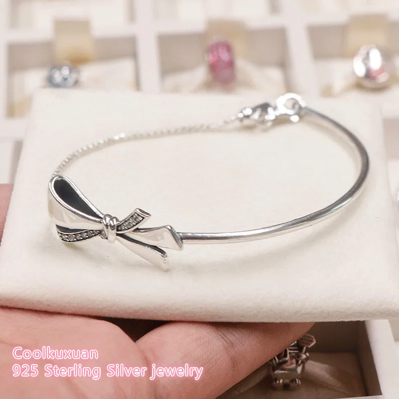 

2019 Mother's Day 925 Sterling Silver Brilliant Bow Bracelet, Clear CZ Fits for Original Bracelets Jewelry Making