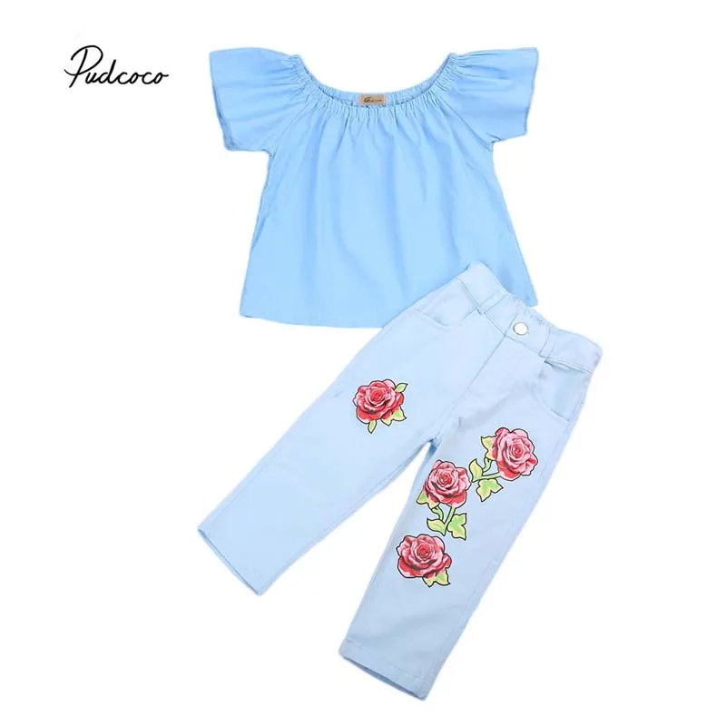 Pudcoco 2018 Toddler Kids Baby Girl Clothes Sets Off Shoulder Butterfly Sleeve Shirt Tops+Long Floral Pants Outfits 2-7Y | Мать и ребенок