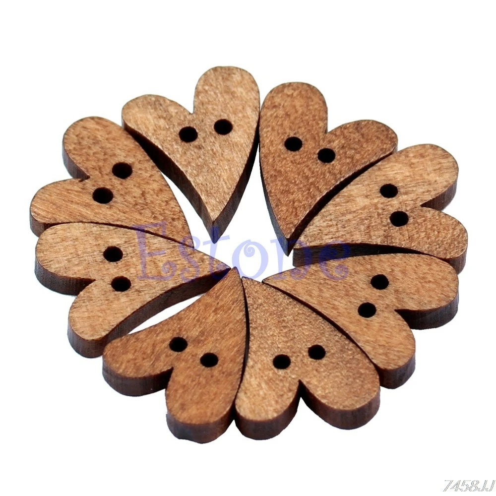 

100pcs Laser Cut Wood Lovely Brown Wood Wooden Sewing Heart Shape Button Craft Scrapbooking Craft Wedding Decor 16 x 13.5 x 3mm