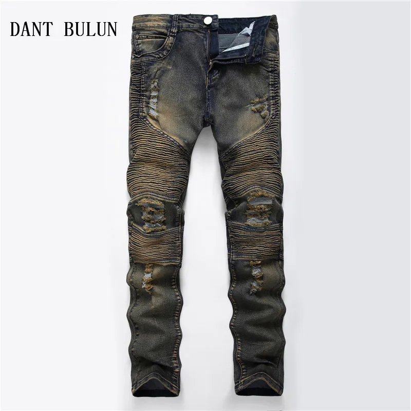 DANT BULUN мужские байкерские джинсы стрейч прямые обтягивающие эластичные синие хаки джинсовые джинсы мужские хип хоп мотоциклетные плиссированные брюки