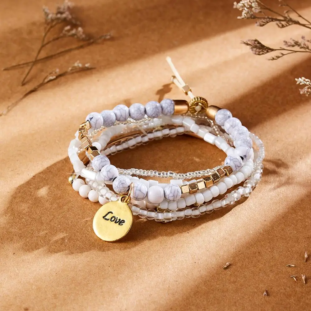 

Rinhoo 1Set Vintage Bohemia Multi-layer Love Pendant Natural Stone Beads Bracelet For Women's Gift Female Charm Jewelry