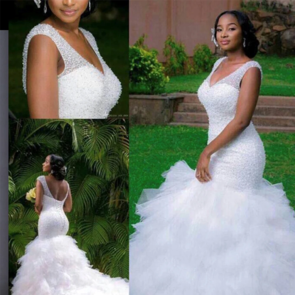 

Fansmile 2019 New Arrival Africa Design Full Beading Handwork Beads Ruffle Tiered Mermaid Wedding Dress Backless Gowns FSM-498M