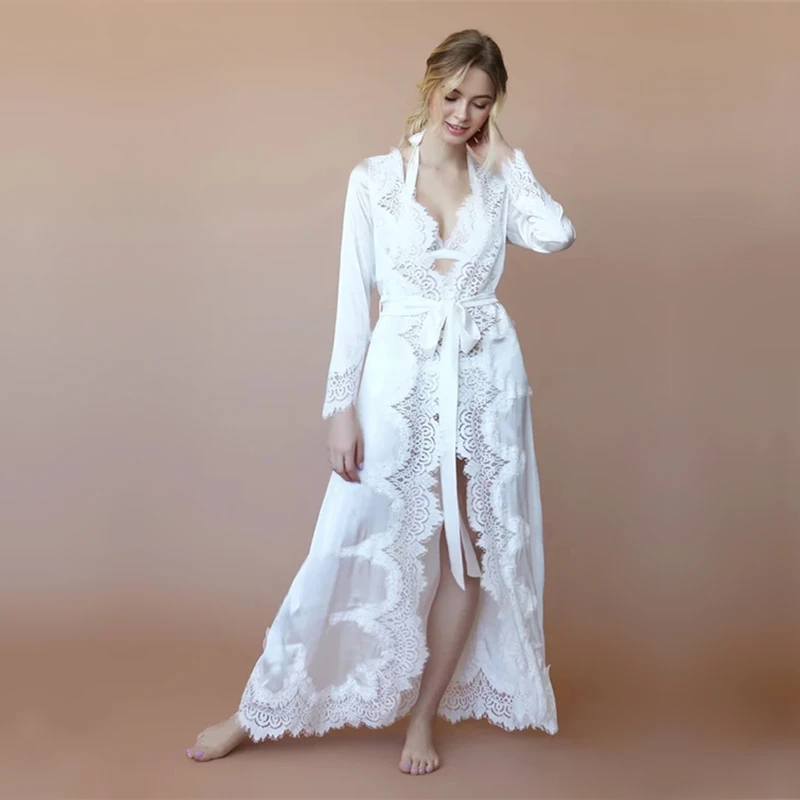 sFake Slik Lingerie Sexy Women Night Dress Long Sleepwear Robes White