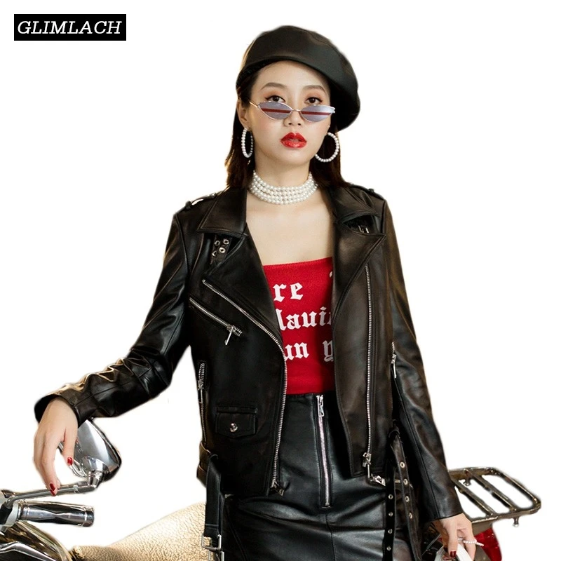 

Autumn Luxury Genuine Leather Motorcycle Jacket Women Fashion Black Real Sheepskin Biker Jackets Female Slim Sheep Leather Coats