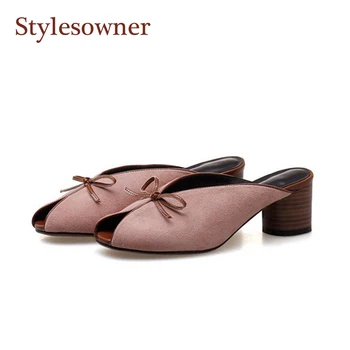 

Stylesowner Suede Leather All-match Lady Slipper Shoe 5cm Block-heel Peep Toe Slip on Shoe Bowtie Salf Slipper Hot Selling