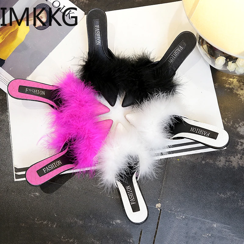 

Hot Sale 2019 Personality Slippers Women Sexy Women's Shoes Slip On Sandals High Heel Fur Slides Fashion Ladies Slippers Y10185