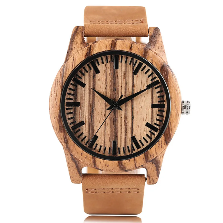 Creative Zebra Wooden Watch Nature Handmade Men Genuine Leather Band Strap Quartz Wrist Watch Reloj de madera 1