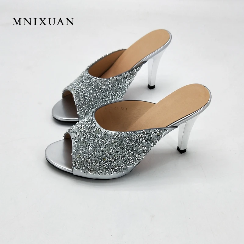 

MNIXUAN Nightclub sexy shoes high heels 8cm 2018 summer new peep toe women slippers sandals sequin solid slides big size41 42 43