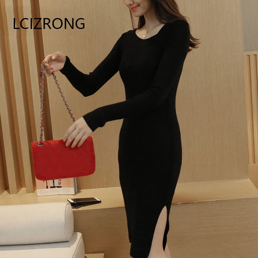 

Spring Long Sleeve Slim Sweaters Women Bodycon Elegant Ladies Split Sweater Dress Fashion Black Knitted Pullover Sweater Female