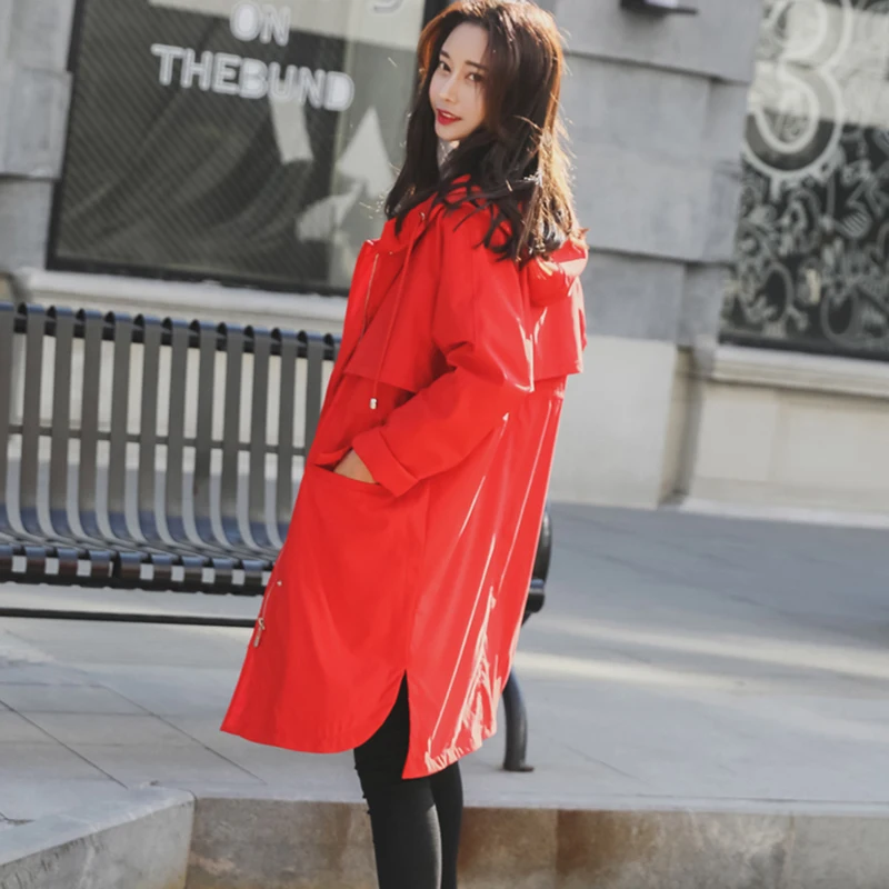 

2019 New Large Size Women England HoodedTrench Coat Women Spring Autumn Red Black Long Windbreaker Female RE2292