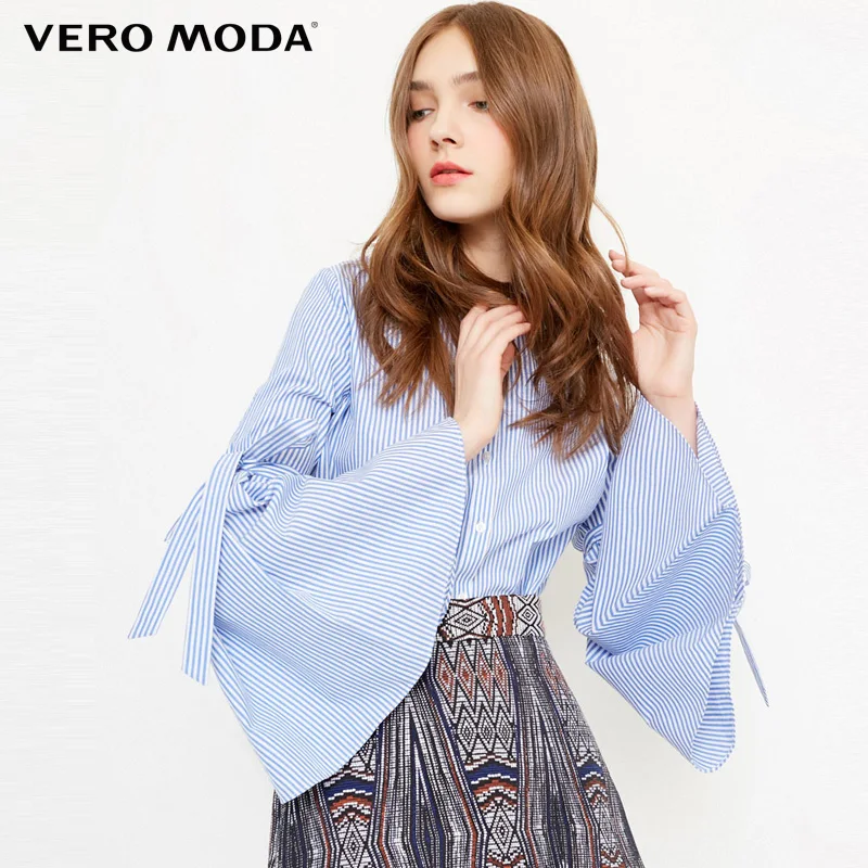 

Vero Moda 2019 spring summer new women shirt contracted stripe horn sleeve shirts | 318105510