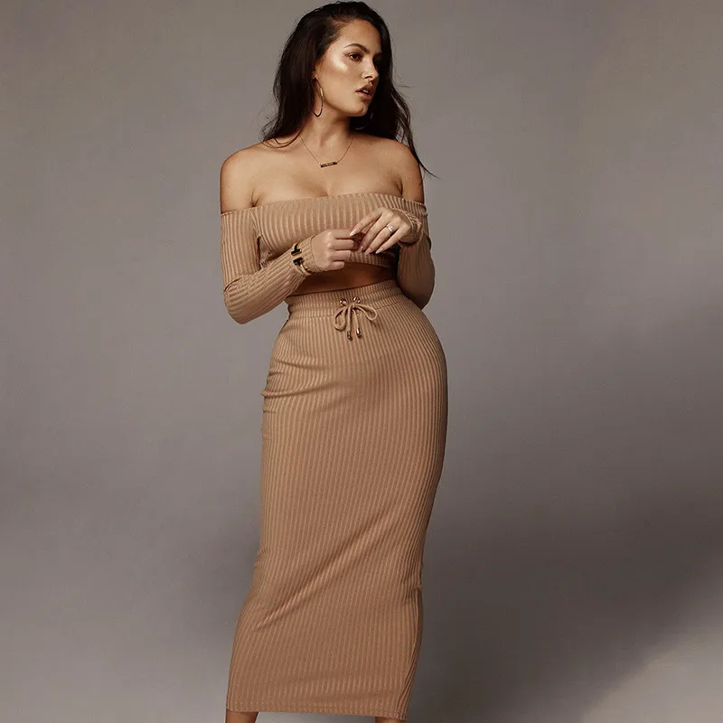 

2019 Summer Secy Sets Women Fashion Solid Slash Neck Long Sleeve High Waist Strapless Long Skirt Short Tees Women Party Sets