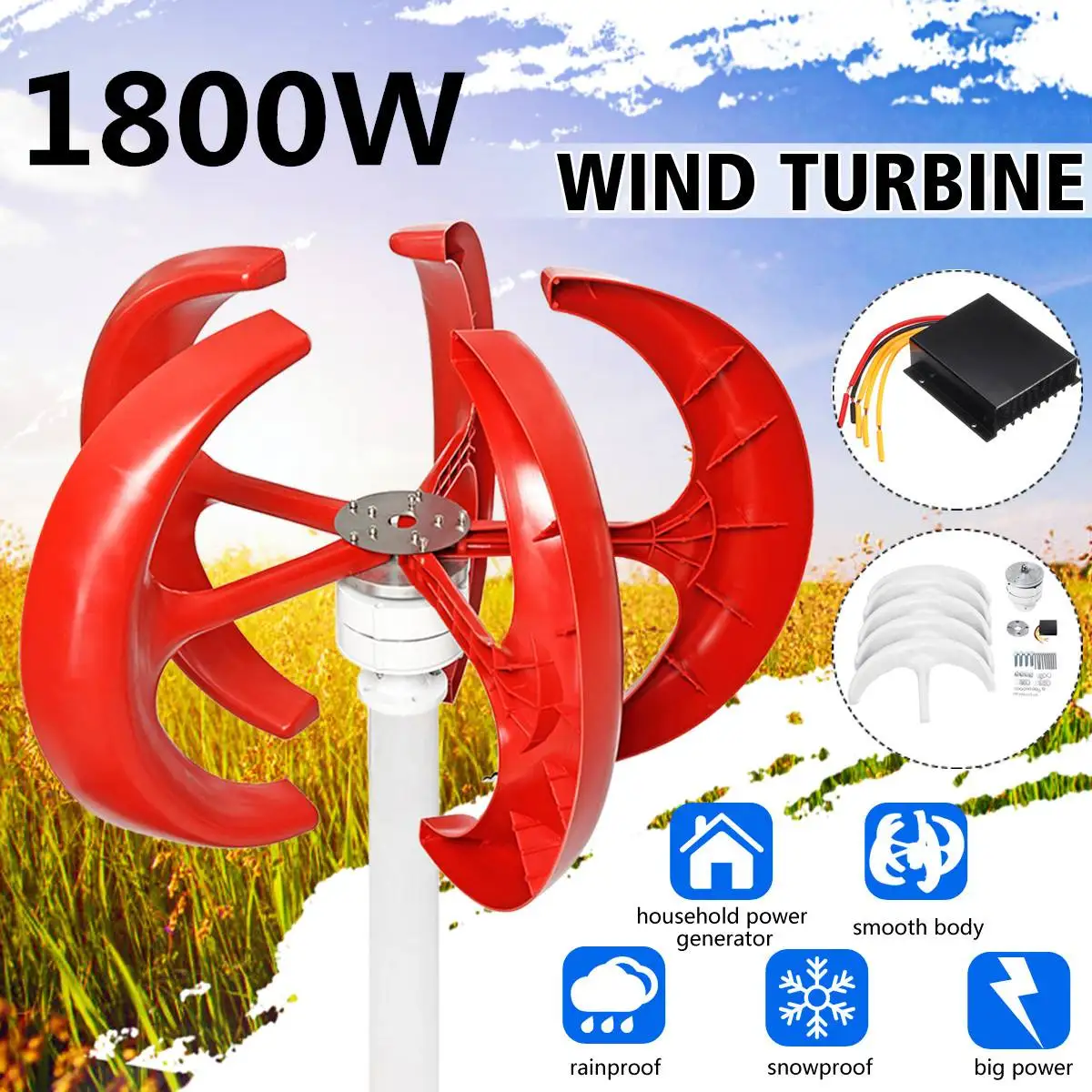 

1800W AC 12V 24V Wind Turbines Generator Lantern 5 Blades Motor Kit Vertical Axi For Home Hybrids Streetlight Electromagnetic