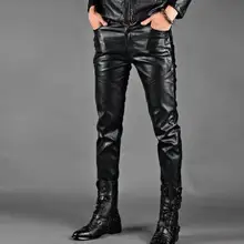 Тонкие модные мотоциклетные брюки из искусственной кожи, мужские облегающие брюки из искусственной кожи для мужчин, черные брюки для сцены
