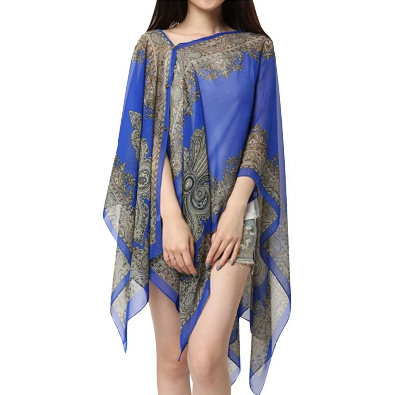 

Jlong 2018 New Summer Sexy Tops Vintage Print Chiffion Beachwear Bikini Cover Up Top Women Blouse Shirt Women Clothes Z1