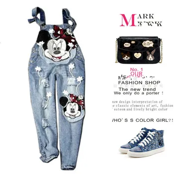 

European girls cartoon holes denim jeans rompers women casual jumpsuits leisure jeans overall capris appliques ripped jeans NZ05