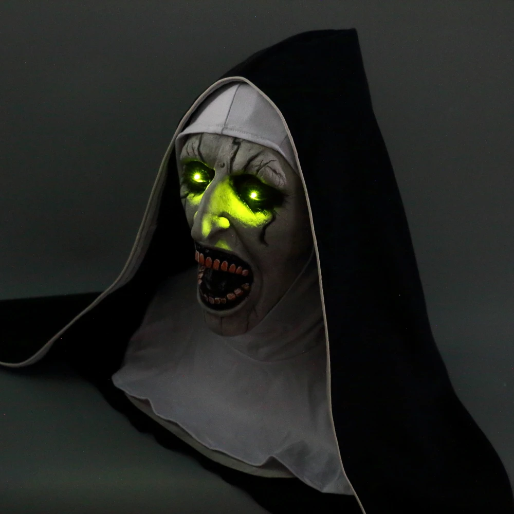 The Nun Mask Horror Mask With Scary Voice With Led light Cosplay Valak Latex Masks With Headscarf Helmet Halloween Party Props (8)