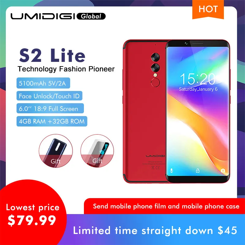 UMIDIGI S2 Lite 6," 18:9 полноэкранный мобильный телефон 5100 мАч 4 Гб Ram 16 Мп+ 5 Мп двойная камера Face ID Android 7,0 4G LTE смартфон