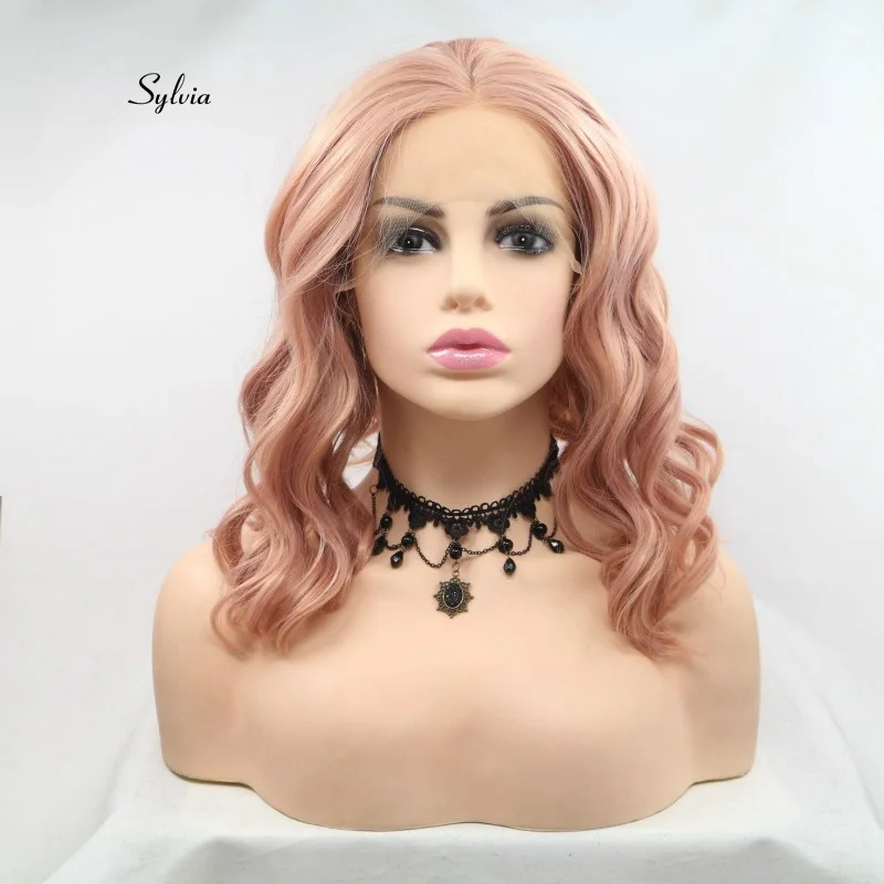 

Sylvia Rose Gold Pink Curly Wigs Peach Red Hair Synthetic Lace Front Wigs Heat Resistant Fiber Short Hair Wedding Party Wigs