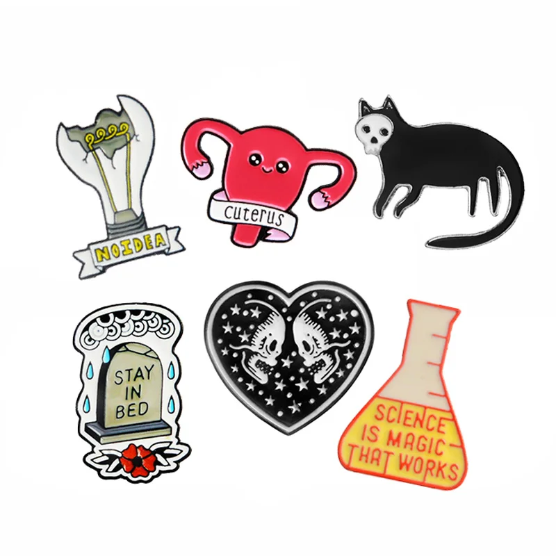 

Skeleton Cat Skull Heart Light Bulb Cat Tombstone Science Works Uterus Sternum Pins Brooches Collection Punk Lapel Pins