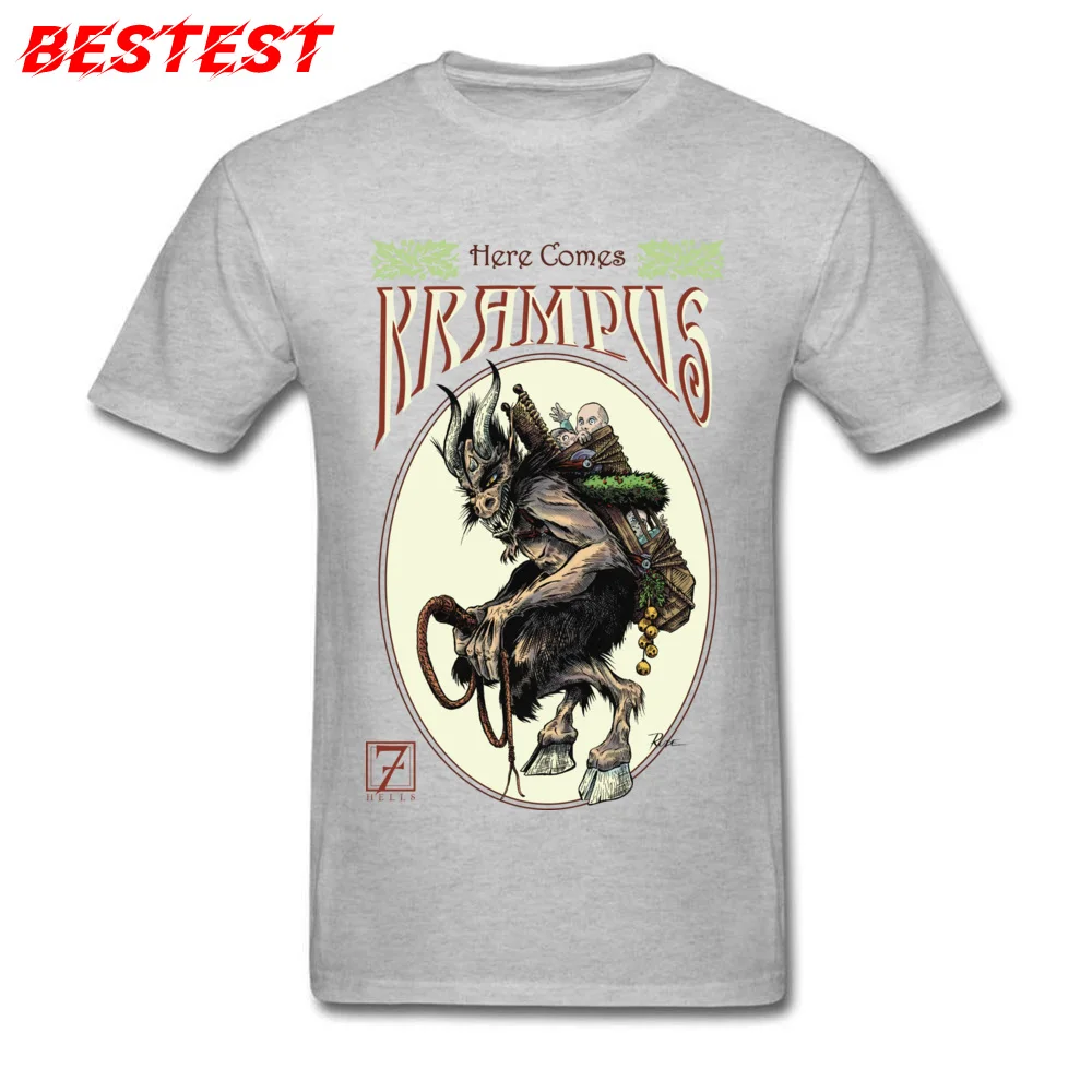 Here Comes Krampus 100% Cotton Tees for Men Comics T-shirts Street Newest O-Neck Tees Short Sleeve Top Quality Here Comes Krampus grey