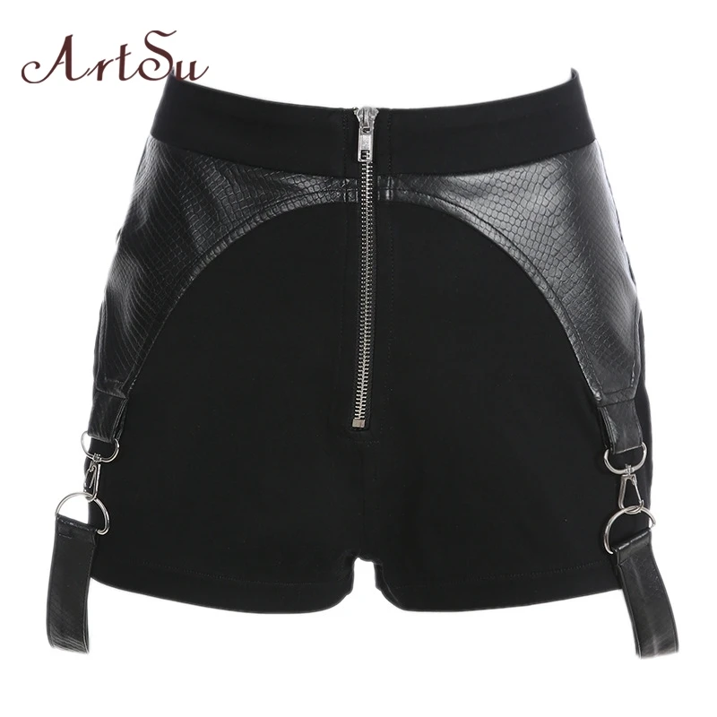 

ArtSu Harajuku Punk High Waist Shorts Patchwork Leather PU Short Pants Women Strips Casual Black Shorts Zipper Summer ASSH20074