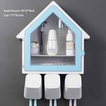 

Creative Wall-mounted Small House Toothbrush Holder Multi-functional Wash Cup Set Rack Storage Box Bathroom Organizer